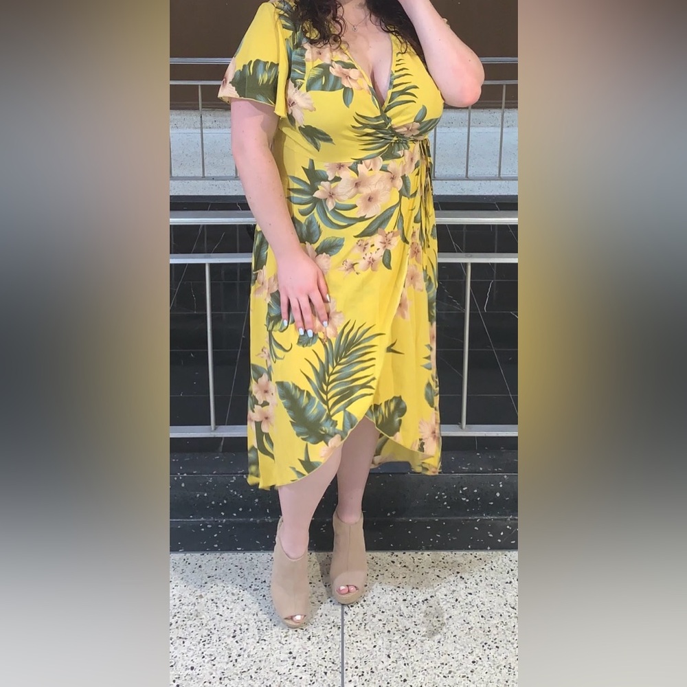 Yellow Floral Midi Wrap Dress